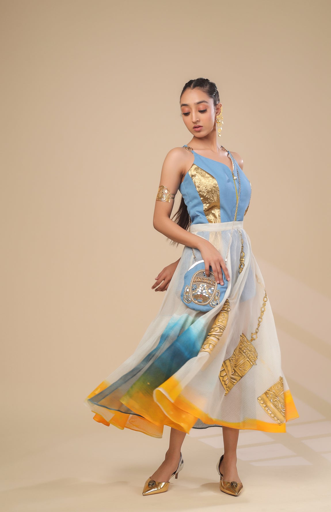 Denim Short Jumpsuit With Sheer Kota Doria Skirt