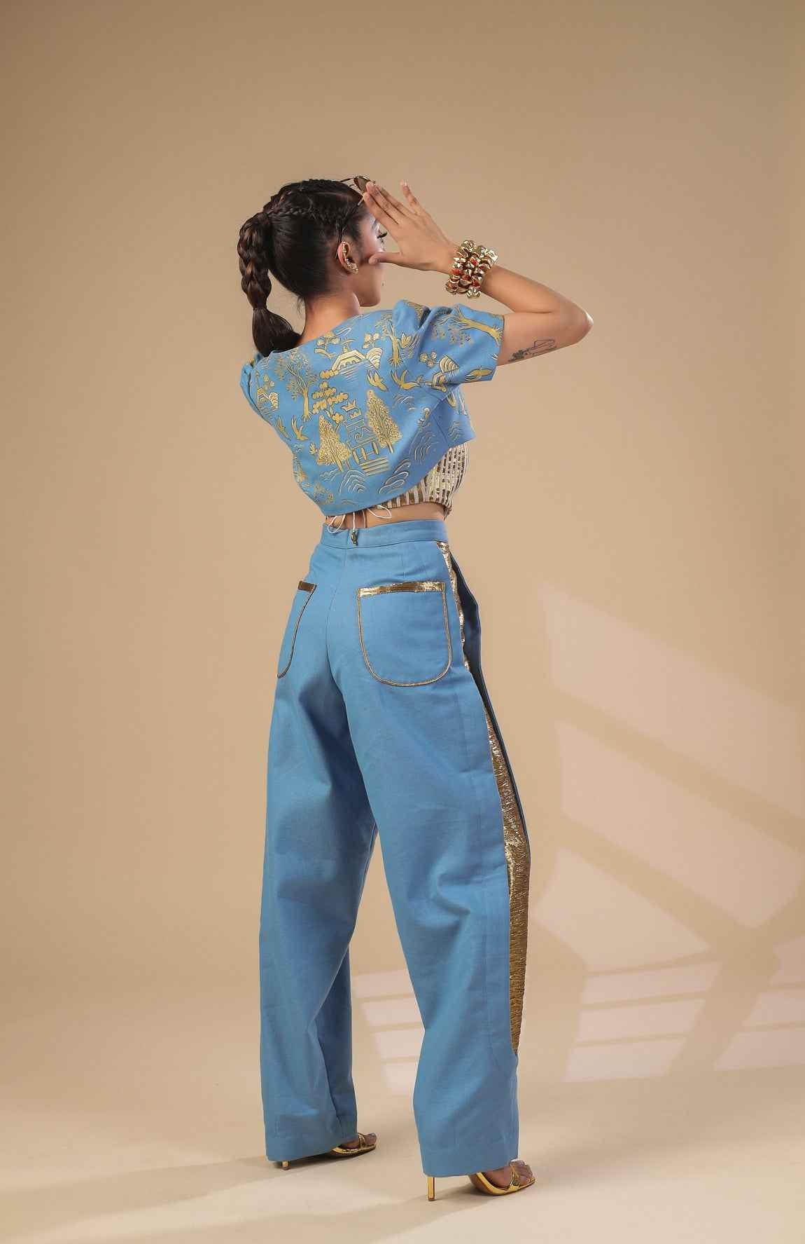 Denim Crop Jacket With Gold And Ivory Pleated Corset With Denim Pants