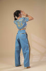 Denim Crop Jacket With Gold And Ivory Pleated Corset With Denim Pants