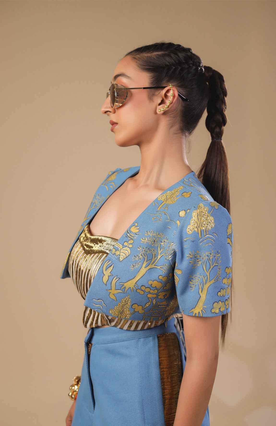 Denim Crop Jacket With Gold And Ivory Pleated Corset With Denim Pants