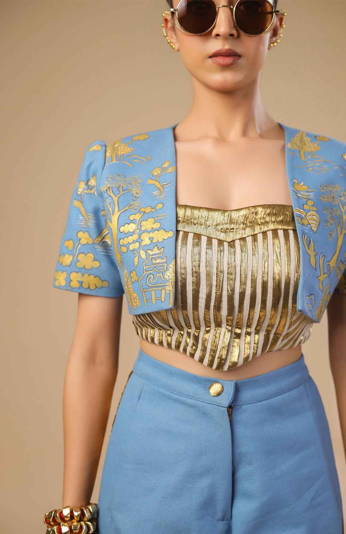 Denim Crop Jacket With Gold And Ivory Pleated Corset With Denim Pants