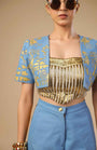 Denim Crop Jacket With Gold And Ivory Pleated Corset With Denim Pants