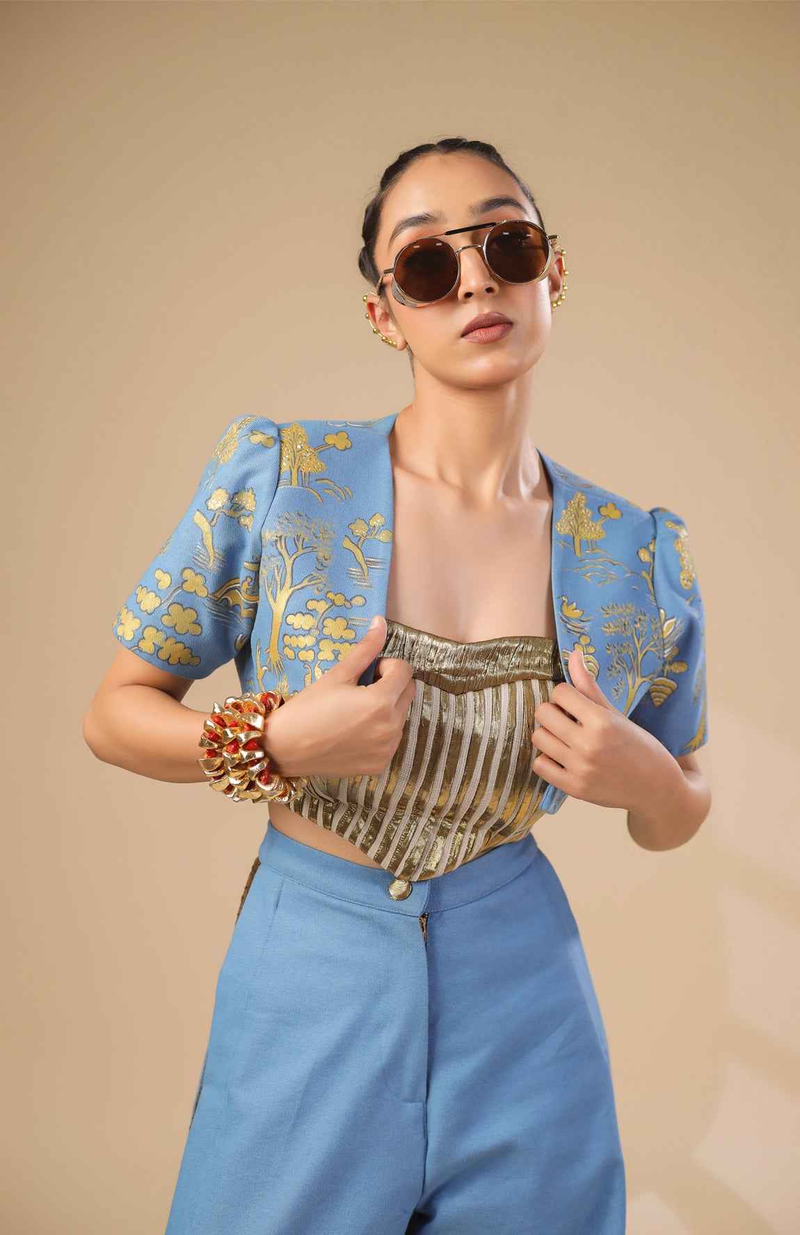Denim Crop Jacket With Gold And Ivory Pleated Corset With Denim Pants
