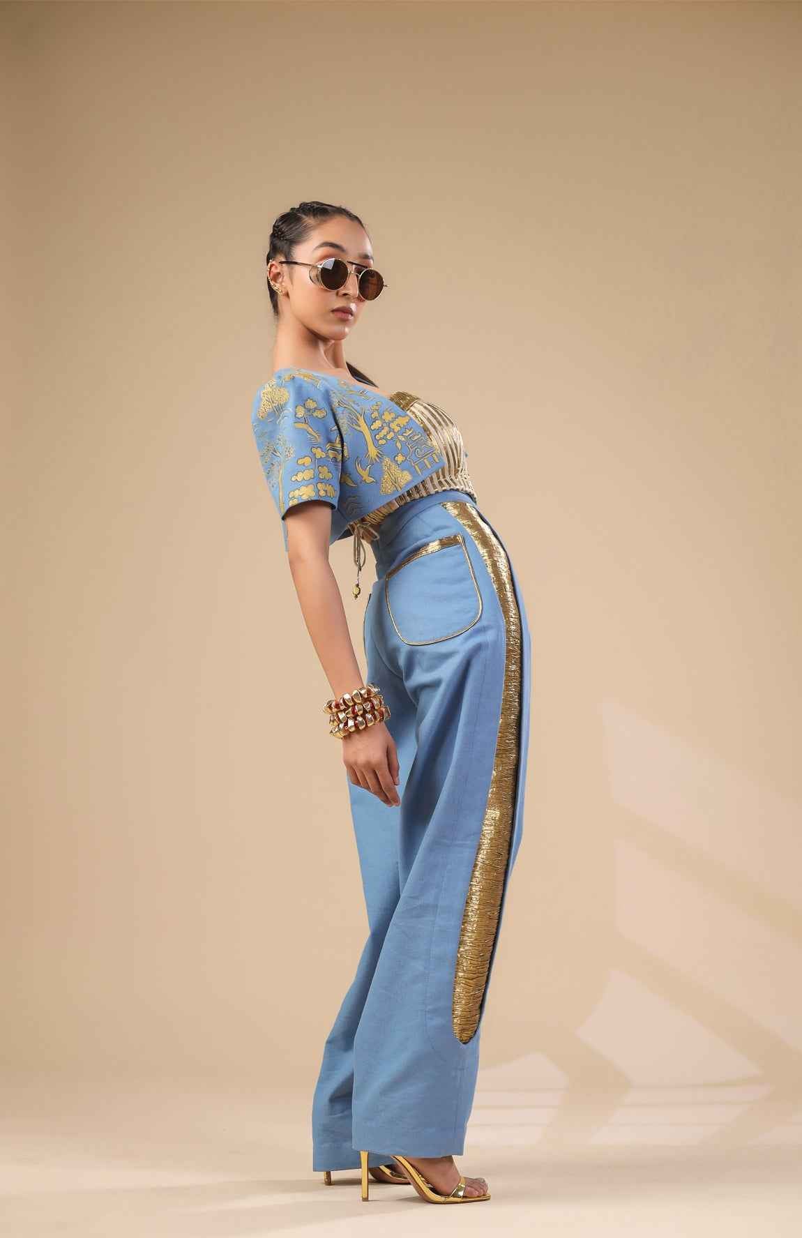 Denim Crop Jacket With Gold And Ivory Pleated Corset With Denim Pants