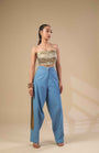 Denim Crop Jacket With Gold And Ivory Pleated Corset With Denim Pants