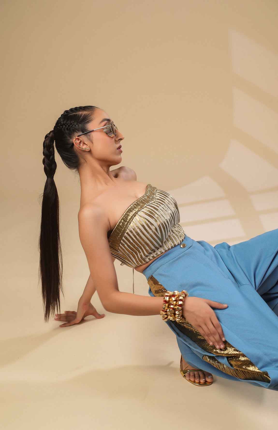 Denim Crop Jacket With Gold And Ivory Pleated Corset With Denim Pants