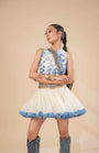 Kota Doria Hand Paint Top With Kota Doria Skirt With Denim Fringe Detail