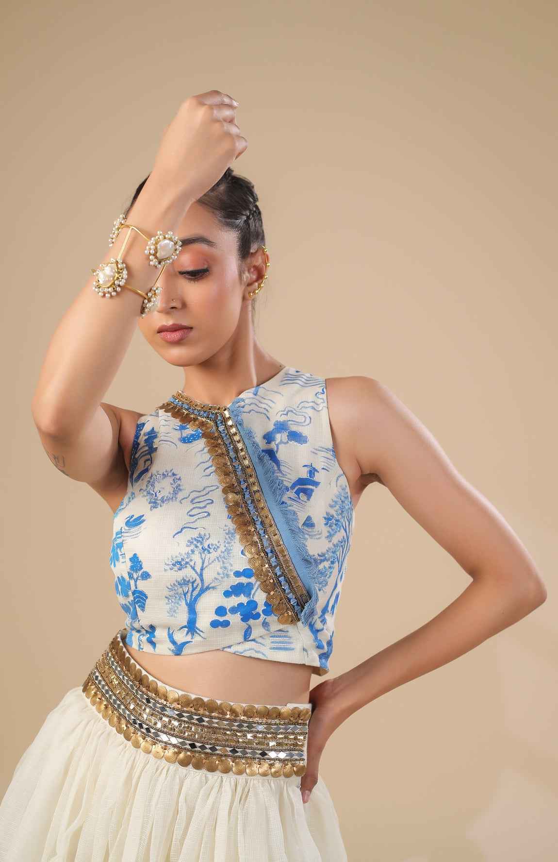 Kota Doria Hand Paint Top With Kota Doria Skirt With Denim Fringe Detail