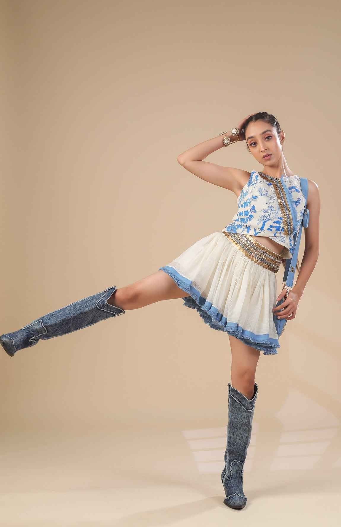 Kota Doria Hand Paint Top With Kota Doria Skirt With Denim Fringe Detail