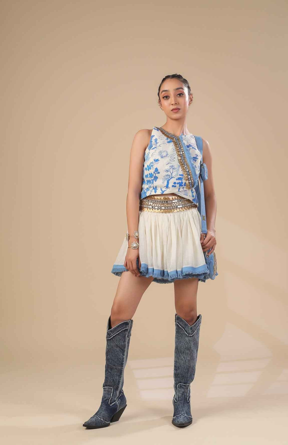 Kota Doria Hand Paint Top With Kota Doria Skirt With Denim Fringe Detail