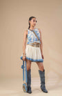 Kota Doria Hand Paint Top With Kota Doria Skirt With Denim Fringe Detail