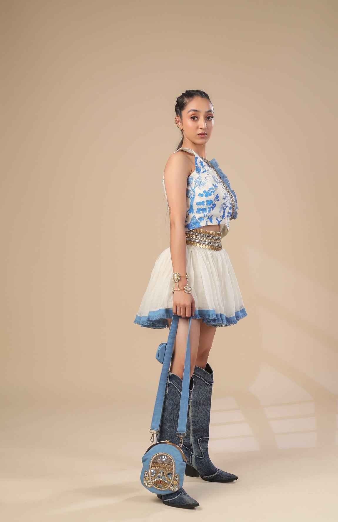 Kota Doria Hand Paint Top With Kota Doria Skirt With Denim Fringe Detail
