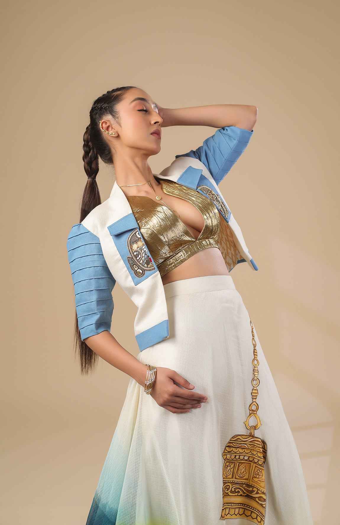 Kota Doria Jacket  Gold Bralette With Kota Doria Skirt