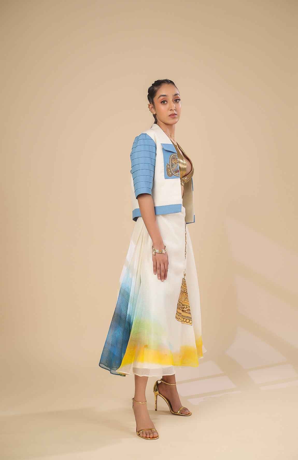 Kota Doria Jacket  Gold Bralette With Kota Doria Skirt