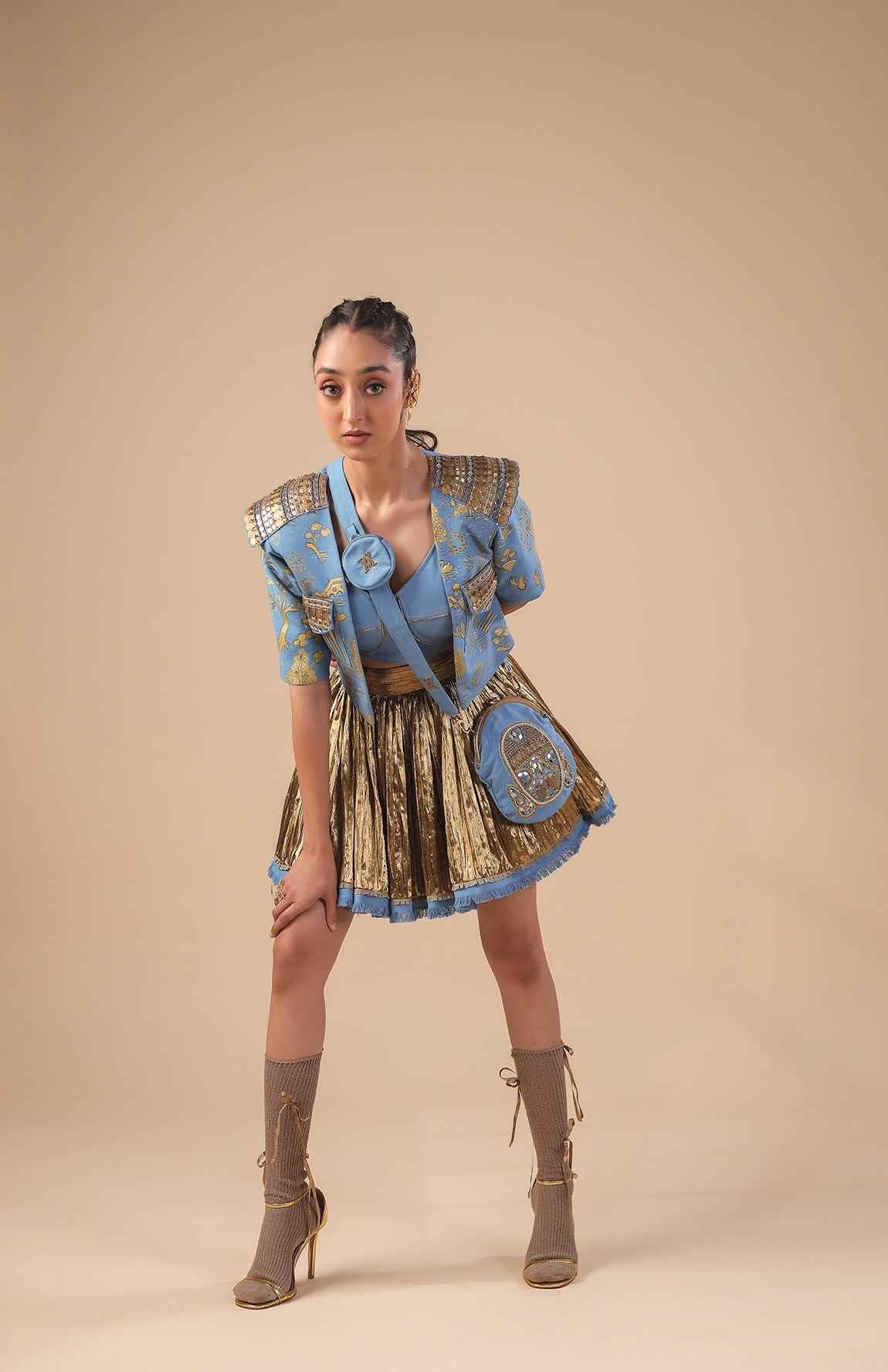 Denim Crop Jacket  With Denim  Bralette And Gold Skirt