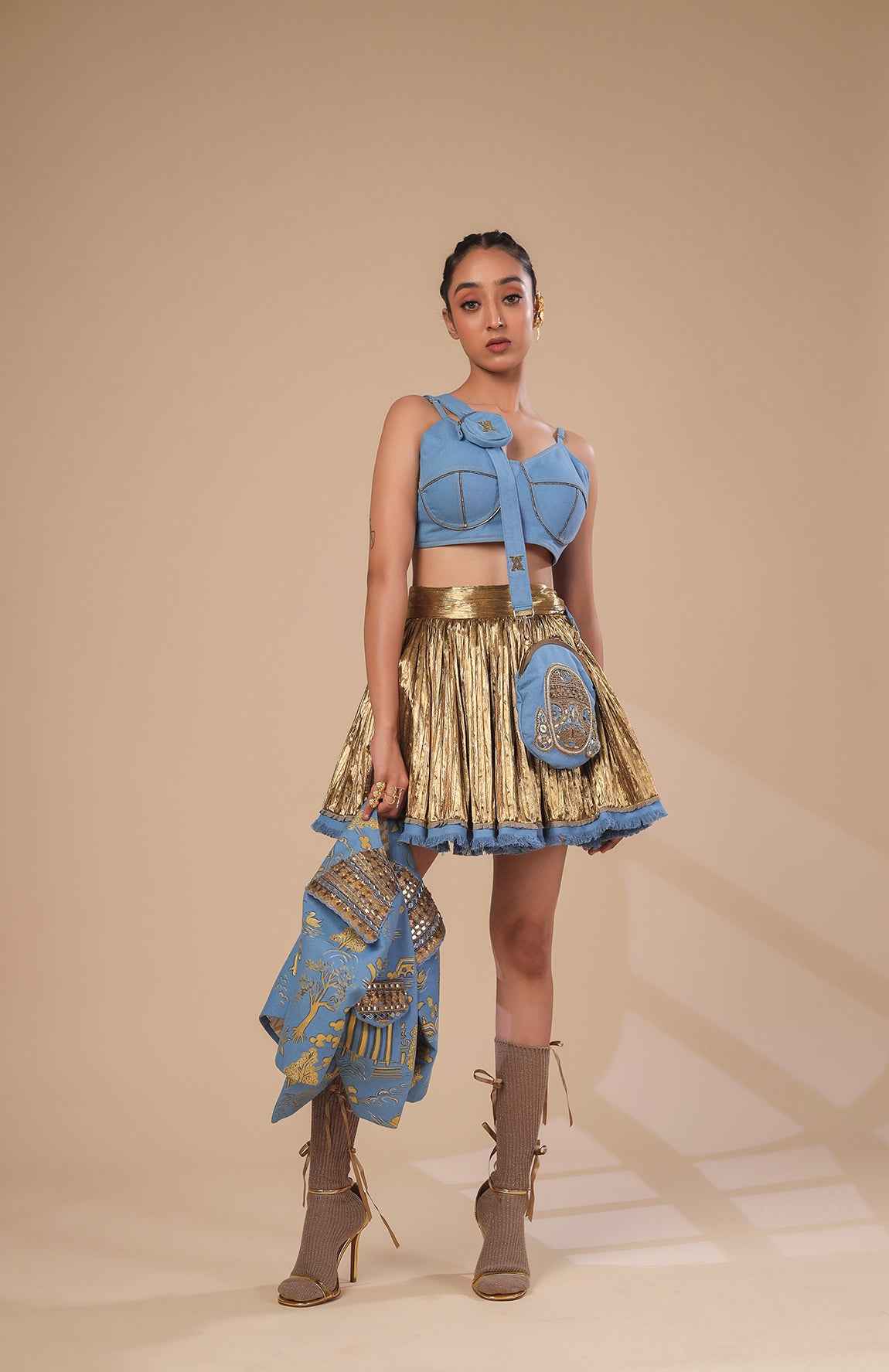 Denim Crop Jacket  With Denim  Bralette And Gold Skirt