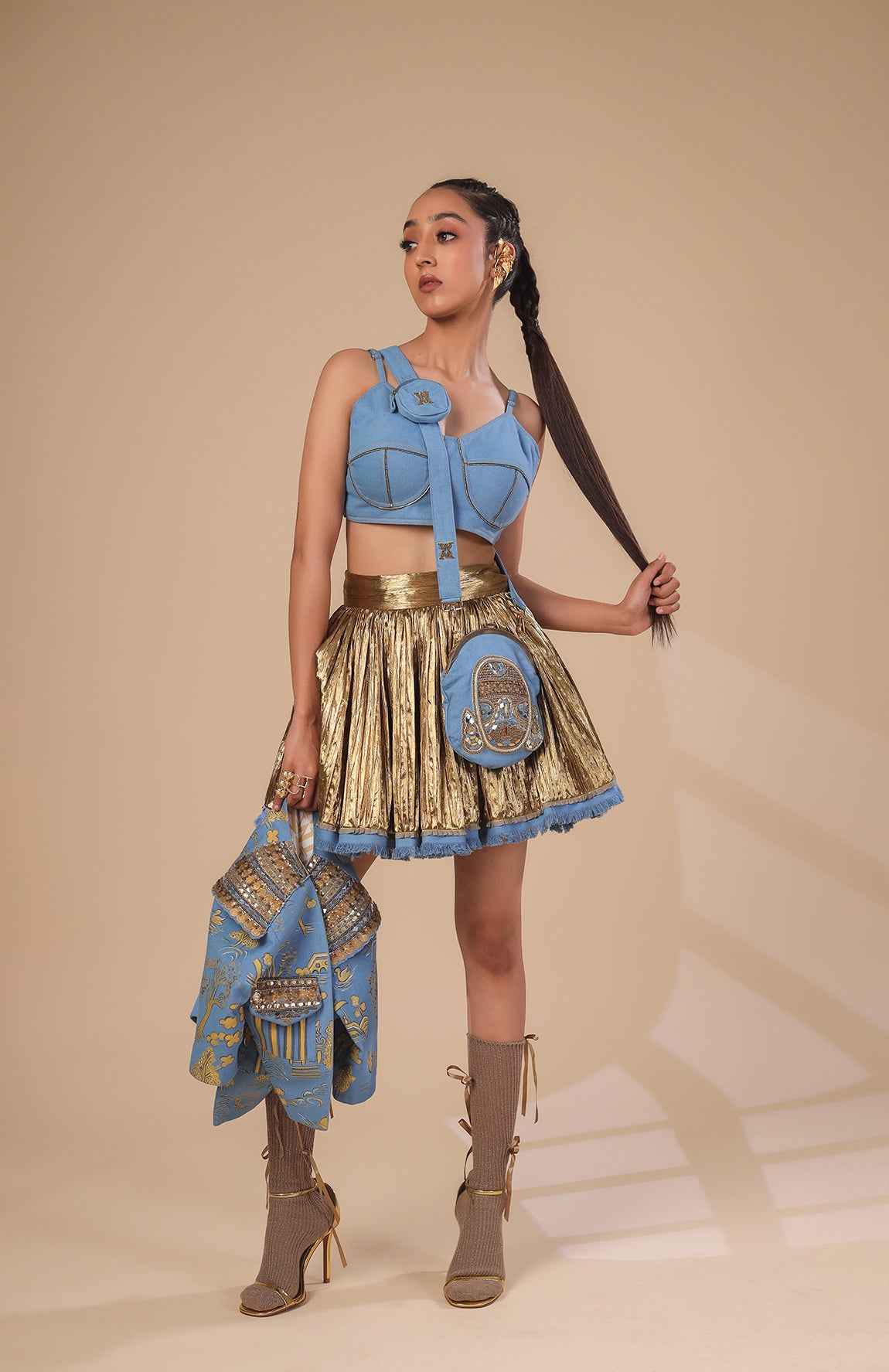 Denim Crop Jacket  With Denim  Bralette And Gold Skirt