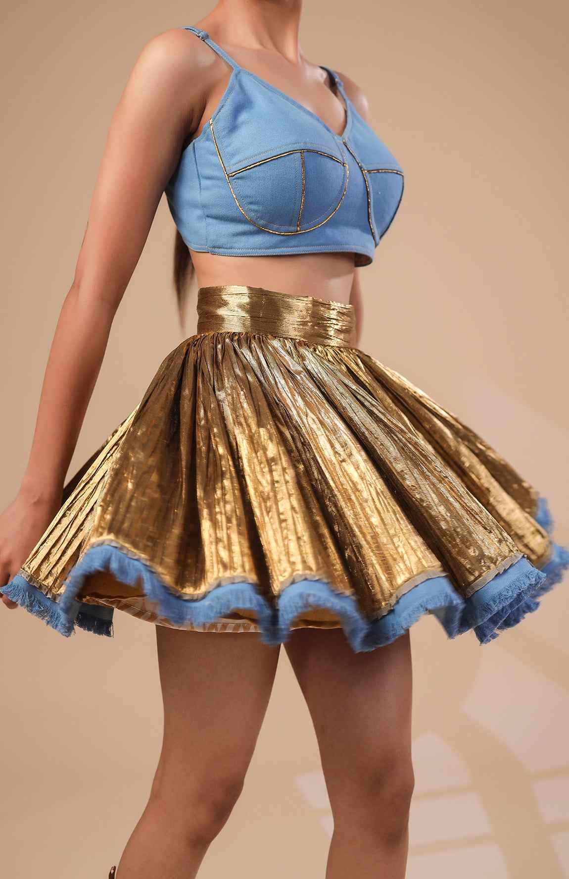 Denim Crop Jacket  With Denim  Bralette And Gold Skirt