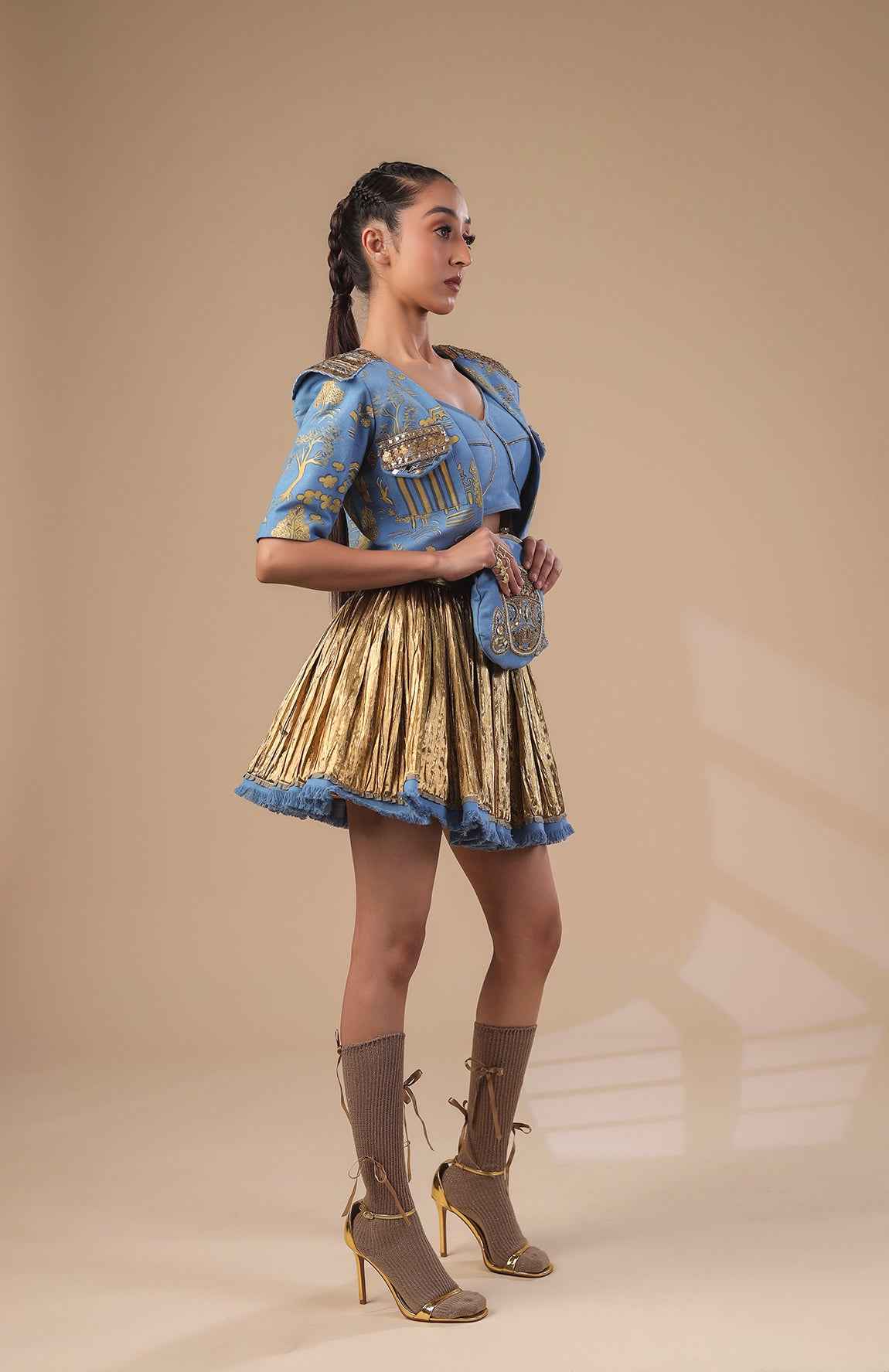 Denim Crop Jacket  With Denim  Bralette And Gold Skirt