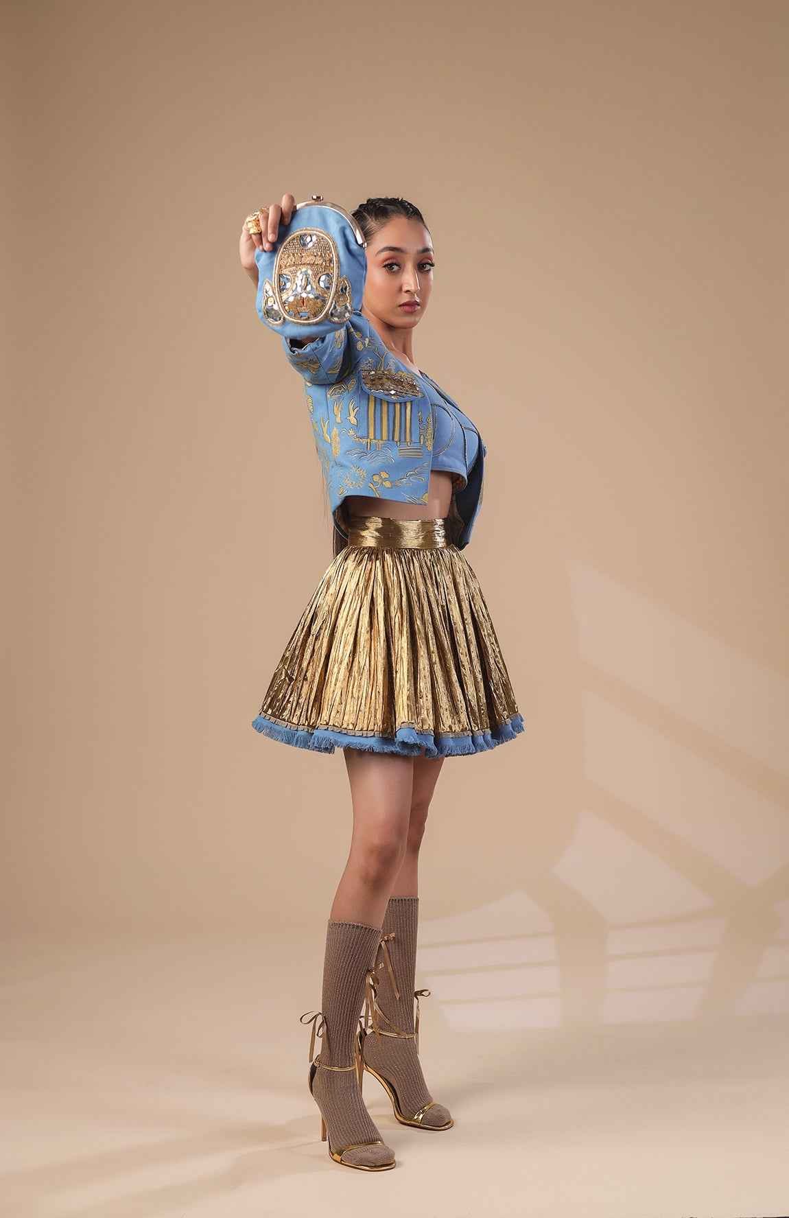 Denim Crop Jacket  With Denim  Bralette And Gold Skirt