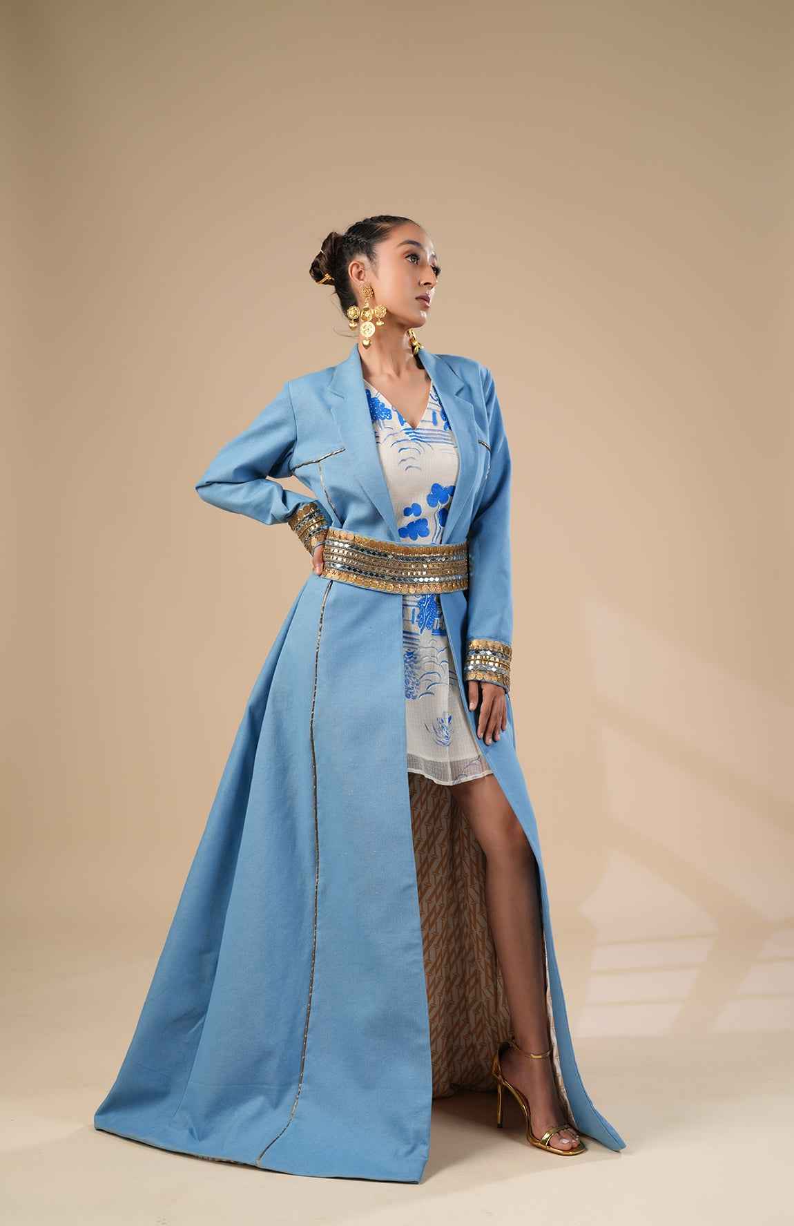 Hand Paint Kota Doria Dress And Denim Trench Coat With Belt