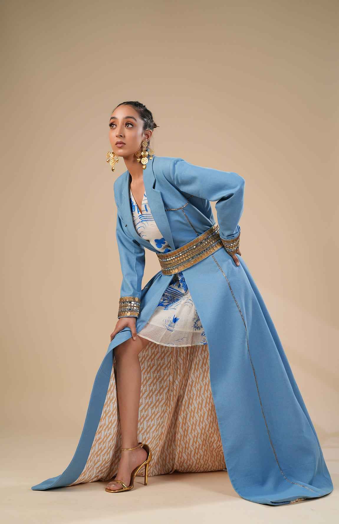 Hand Paint Kota Doria Dress And Denim Trench Coat With Belt