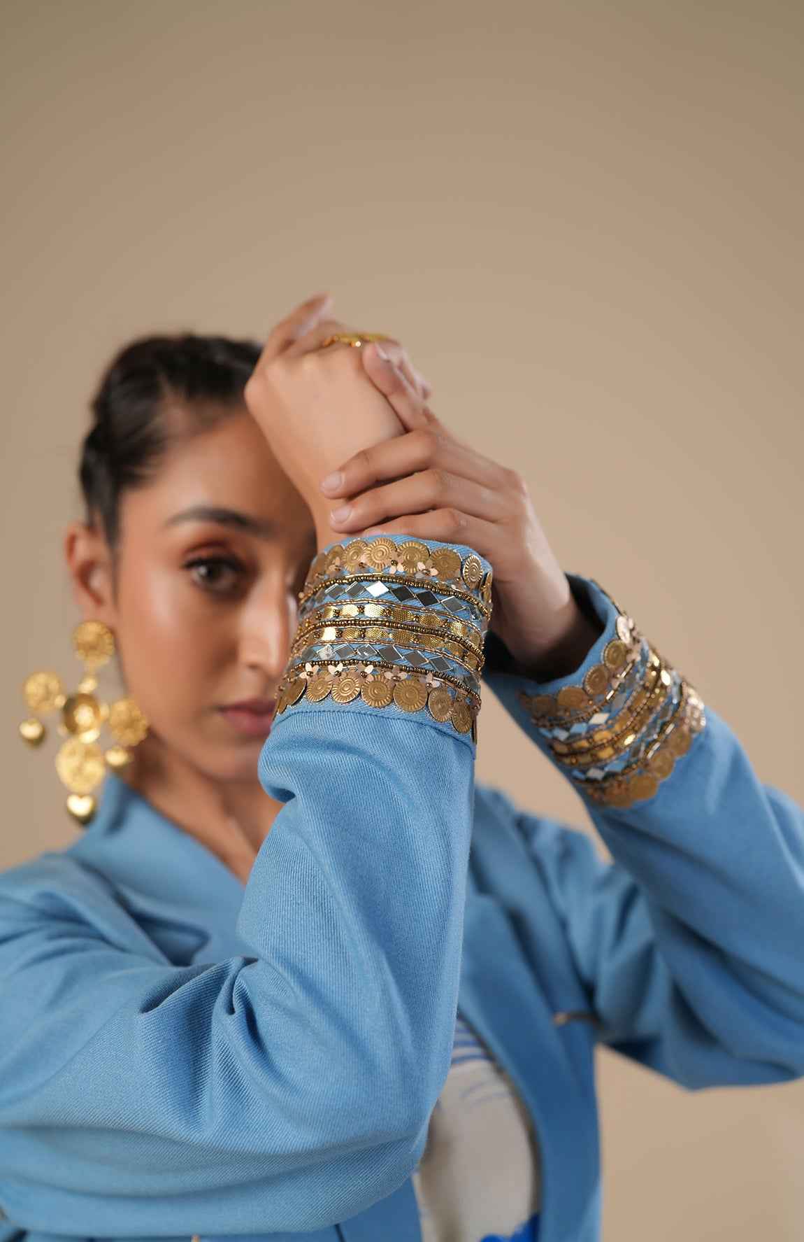 Hand Paint Kota Doria Dress And Denim Trench Coat With Belt