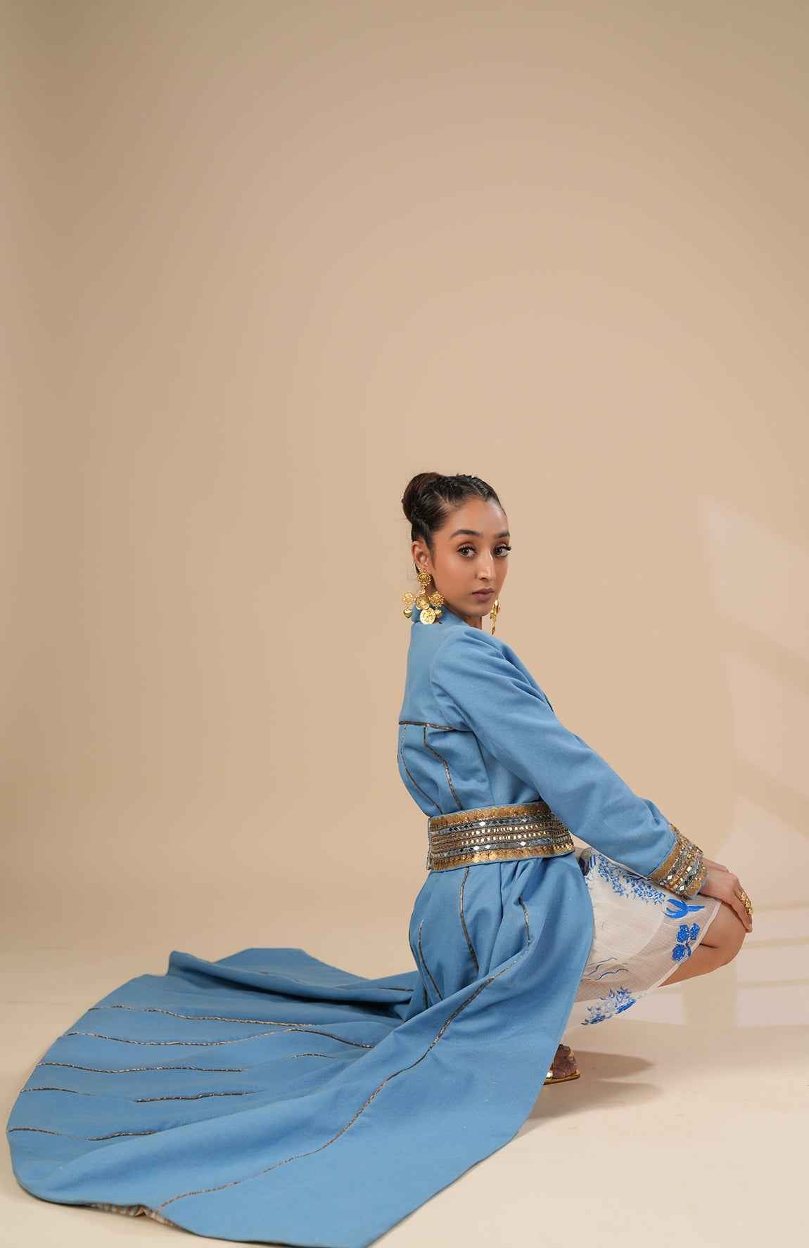 Hand Paint Kota Doria Dress And Denim Trench Coat With Belt