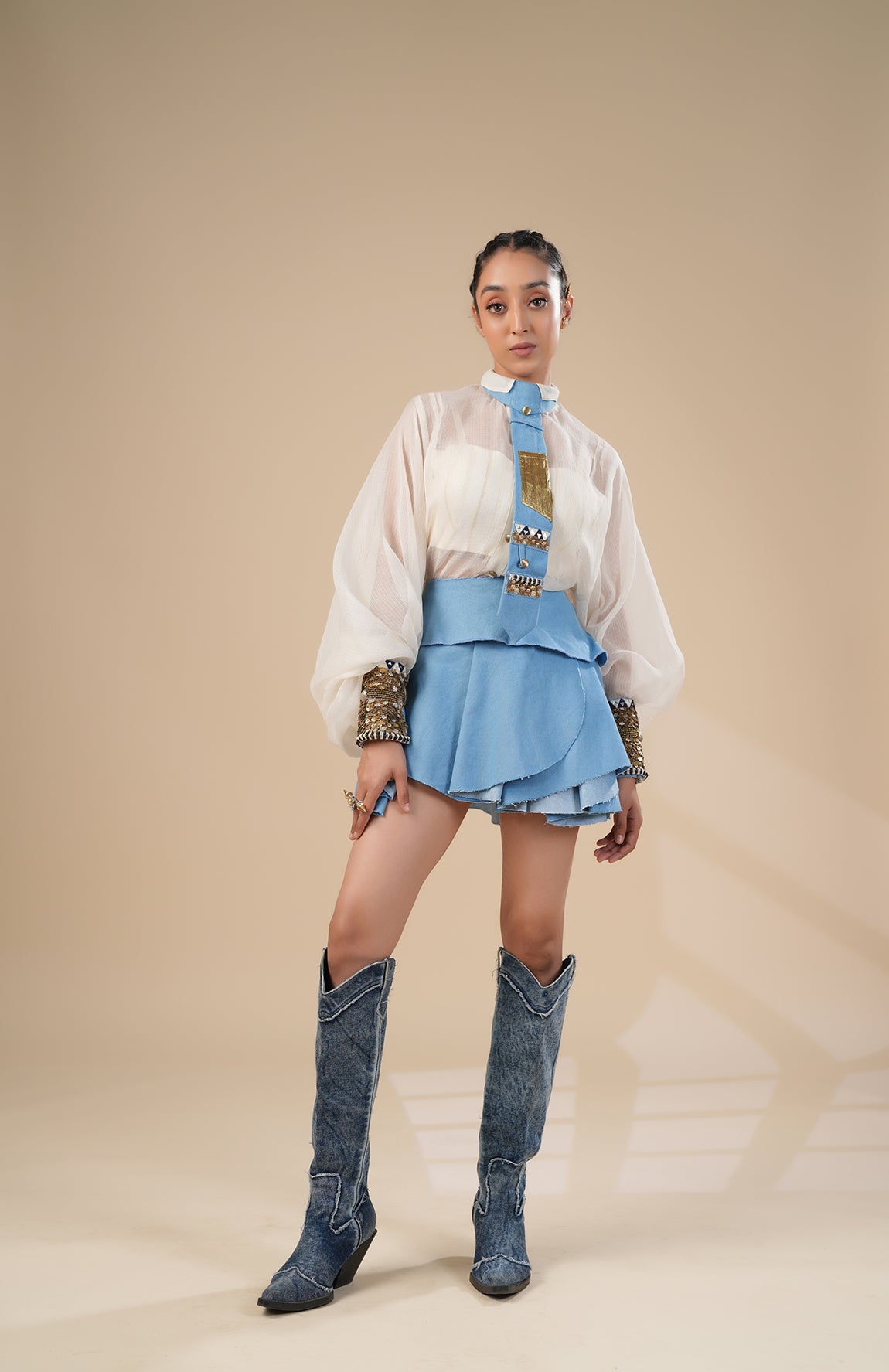 Denim Skirt With Kota Doria Shirt, Cuff And Tie