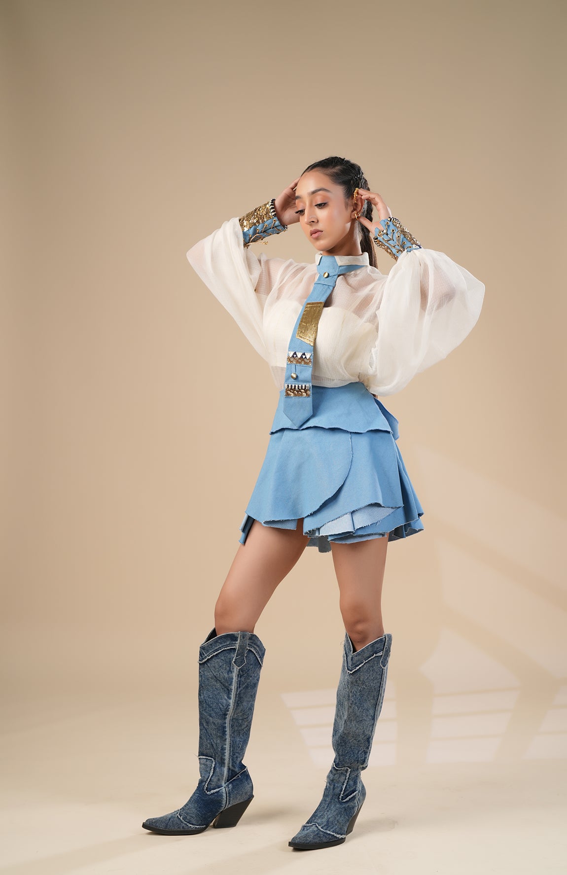 Denim Skirt With Kota Doria Shirt, Cuff And Tie