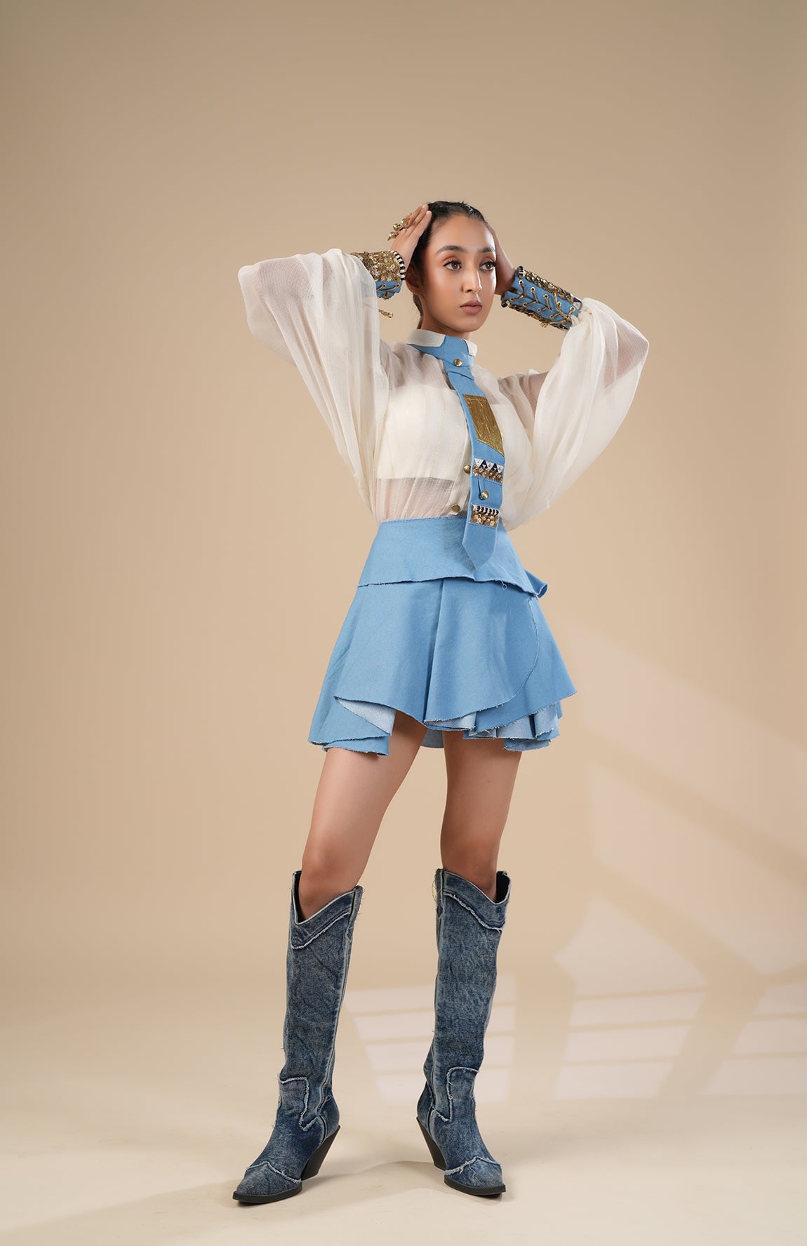 Denim Skirt With Kota Doria Shirt, Cuff And Tie