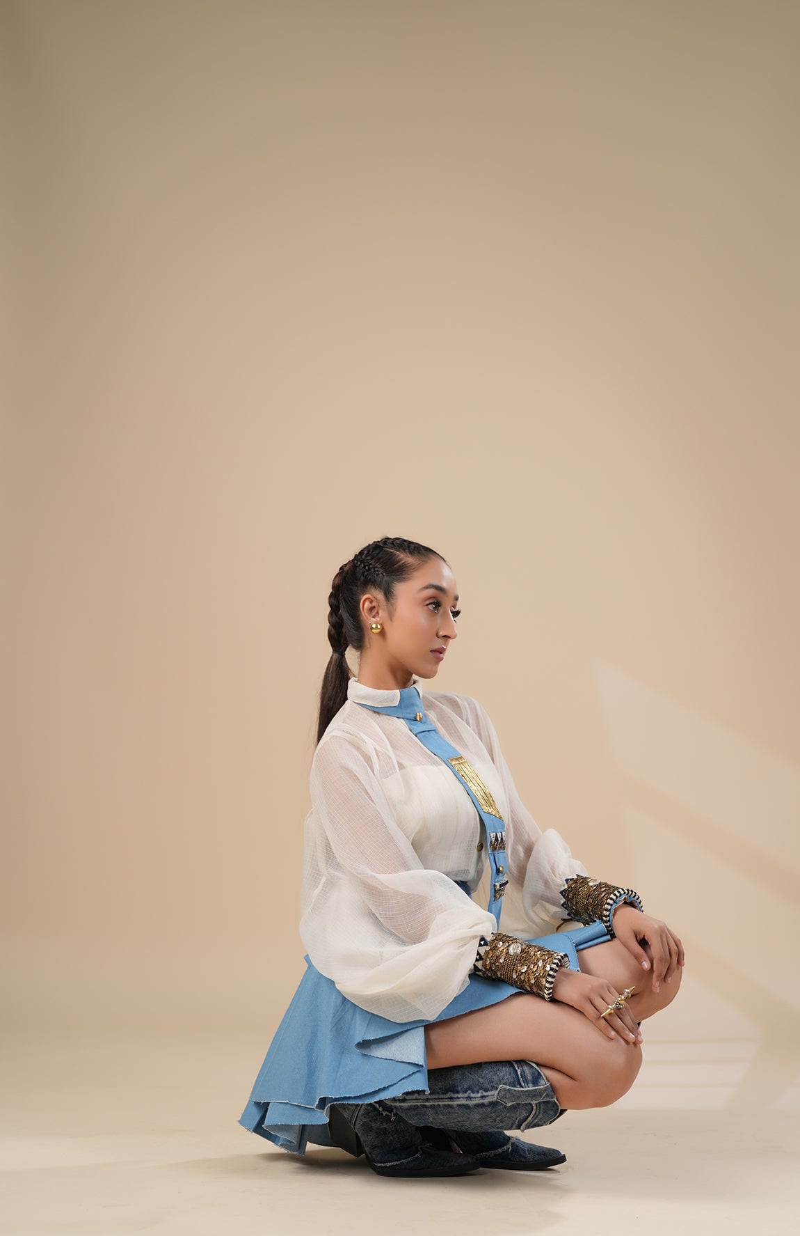 Denim Skirt With Kota Doria Shirt, Cuff And Tie