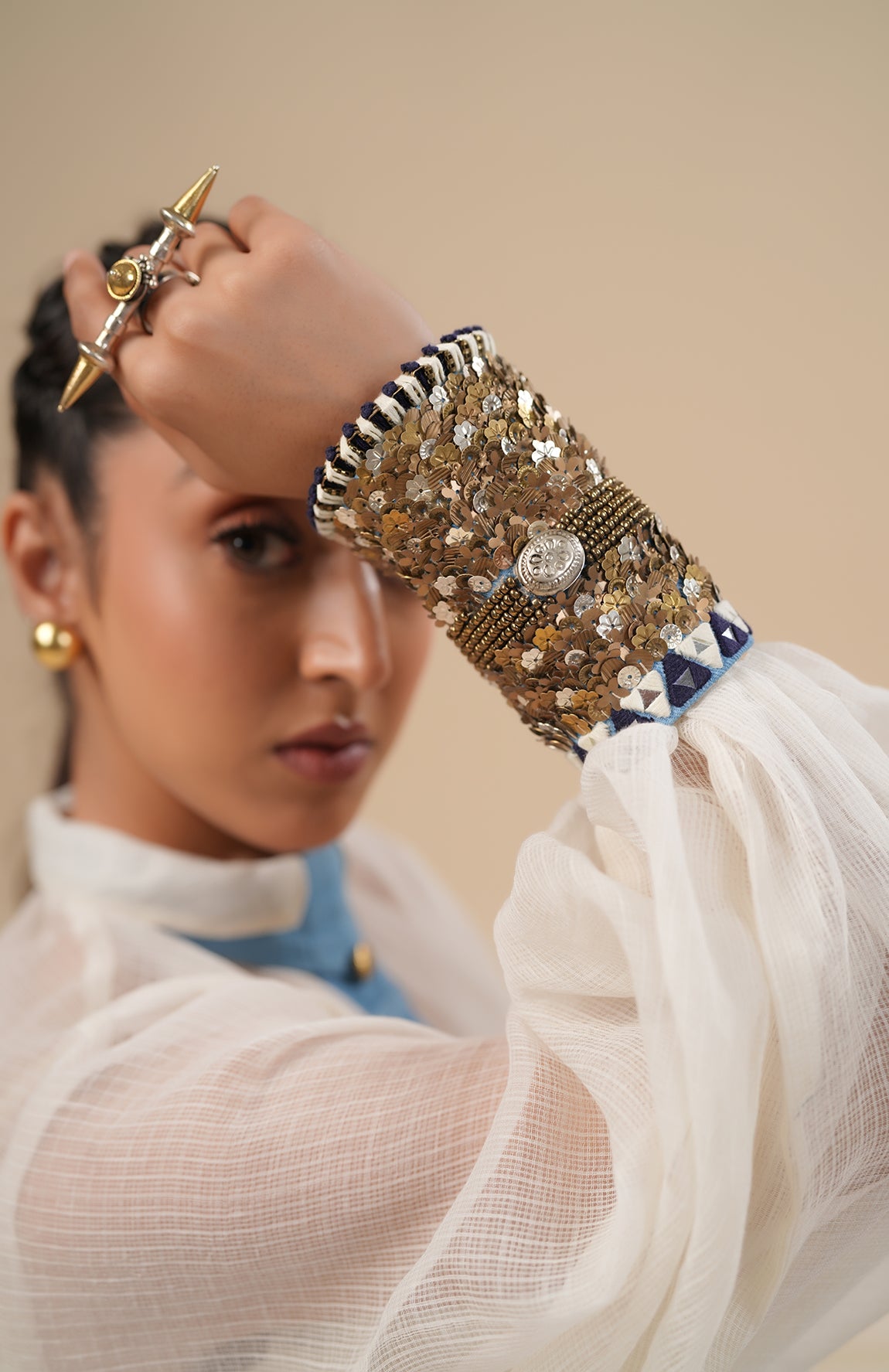 Denim Skirt With Kota Doria Shirt, Cuff And Tie