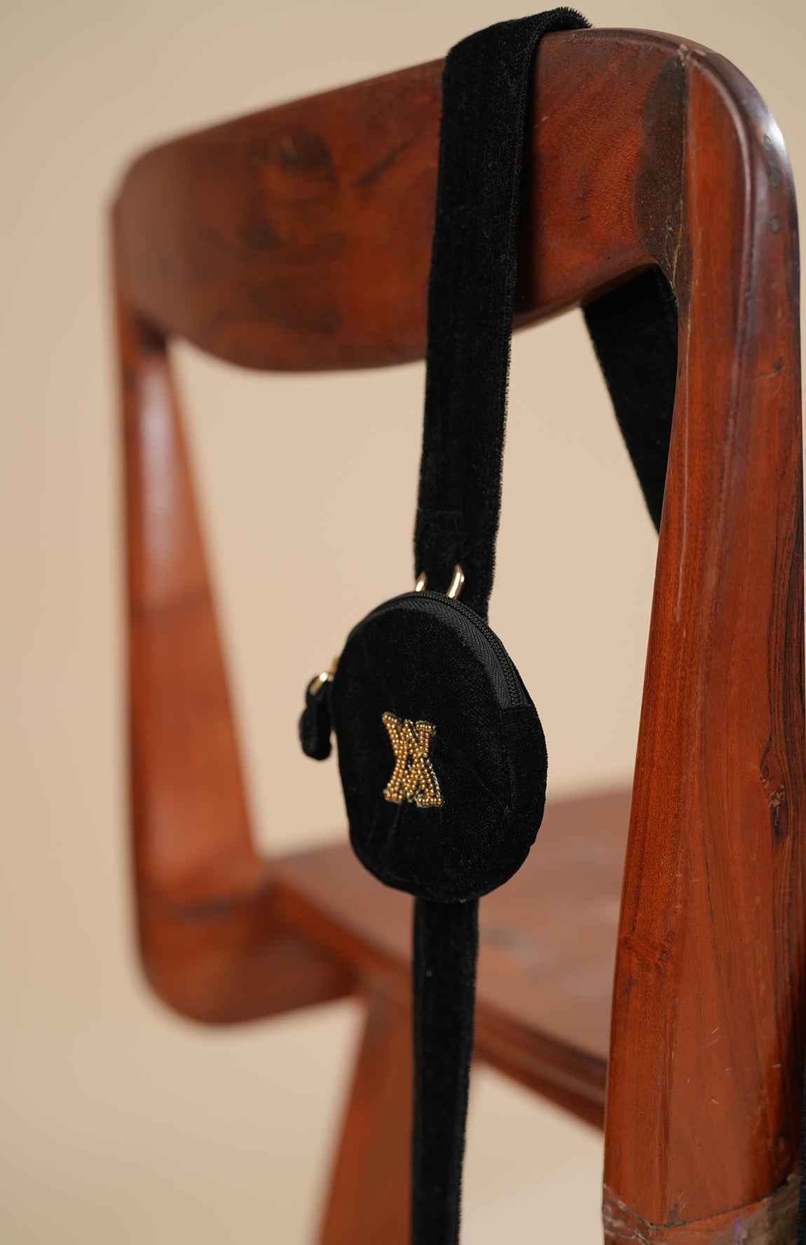 Black Velvet Denim Bag With Embellishment