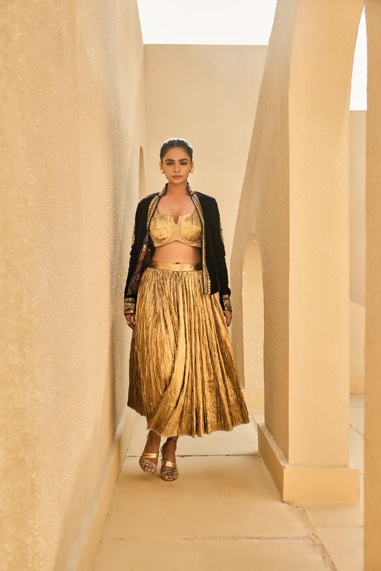 Velvet Jacket               Silk Jacquard Bustier                                     Crushed Skirt