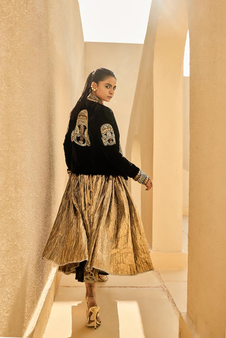 Velvet Jacket               Silk Jacquard Bustier                                     Crushed Skirt