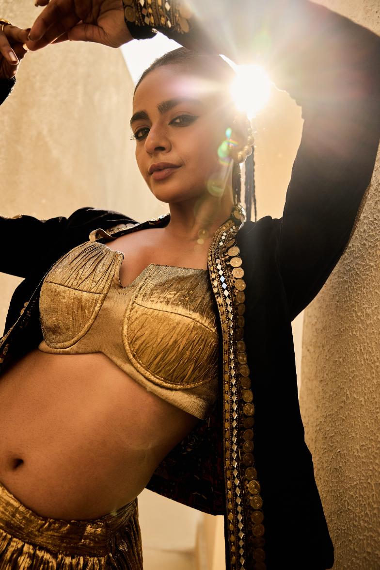 Velvet Jacket               Silk Jacquard Bustier                                     Crushed Skirt