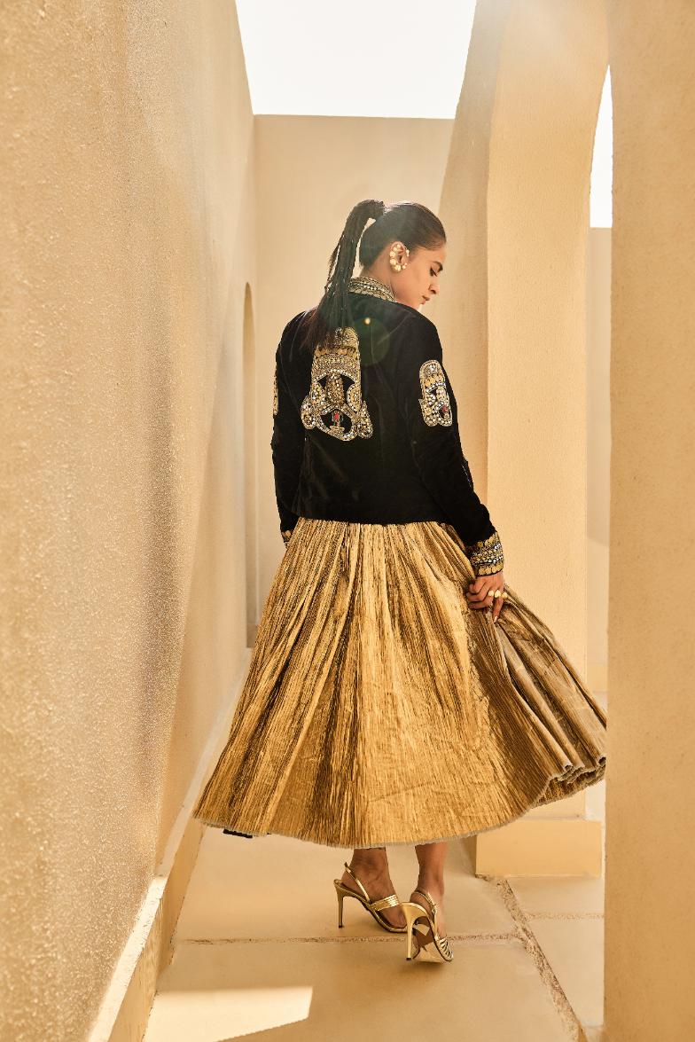 Velvet Jacket               Silk Jacquard Bustier                                     Crushed Skirt