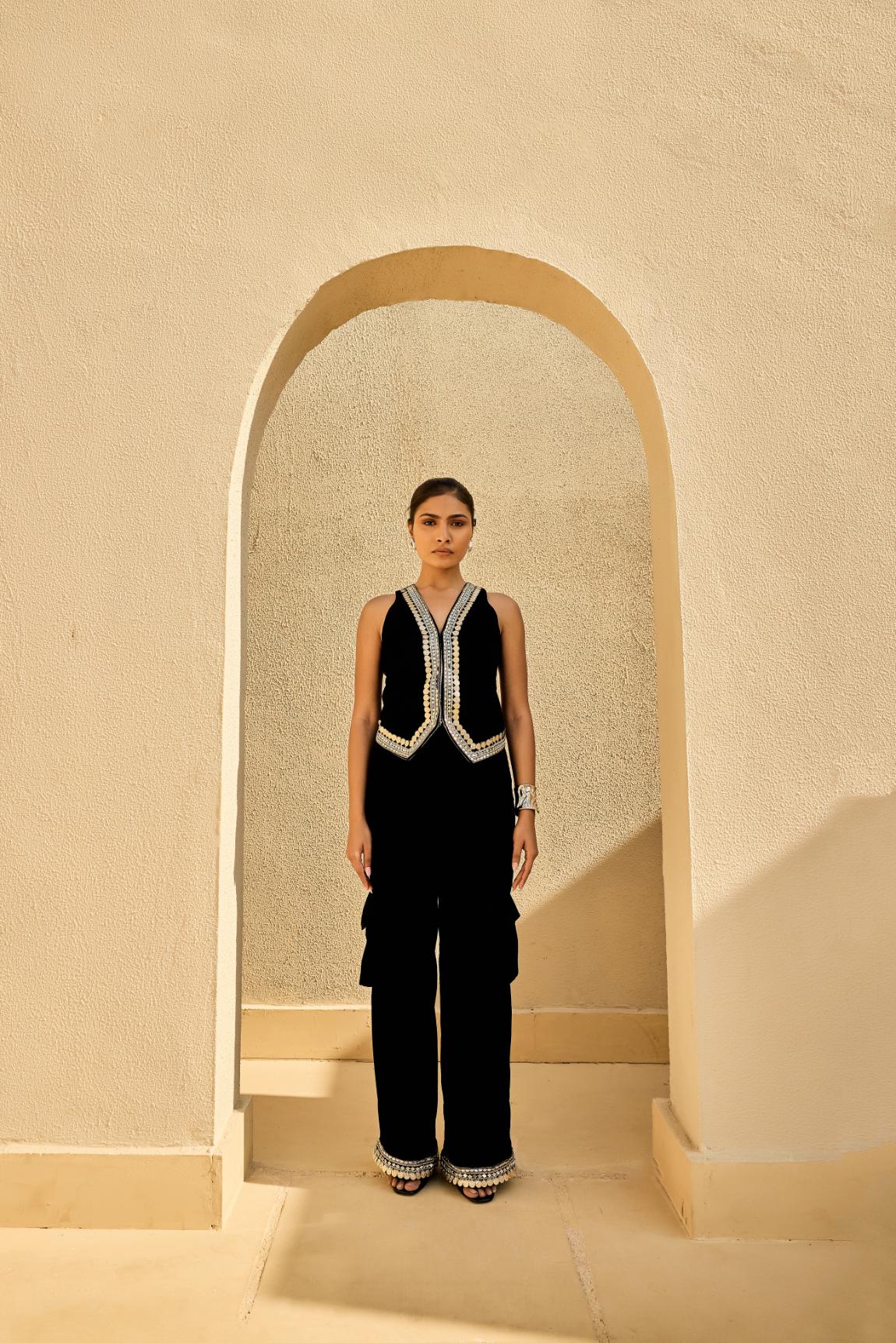 Black Velvet Waist Coat And Velevt Cargo Pants