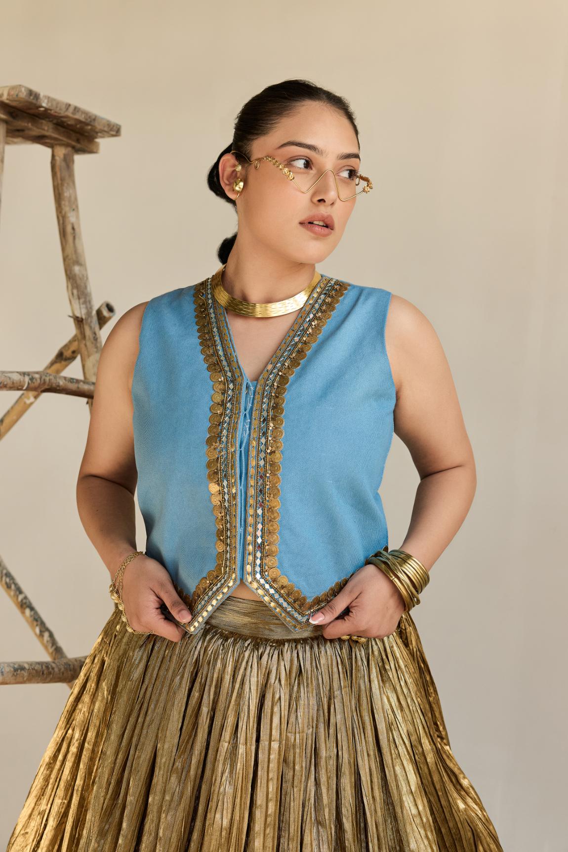 Denim Waist Coat And Silk Jecquard Crushed Lehanga