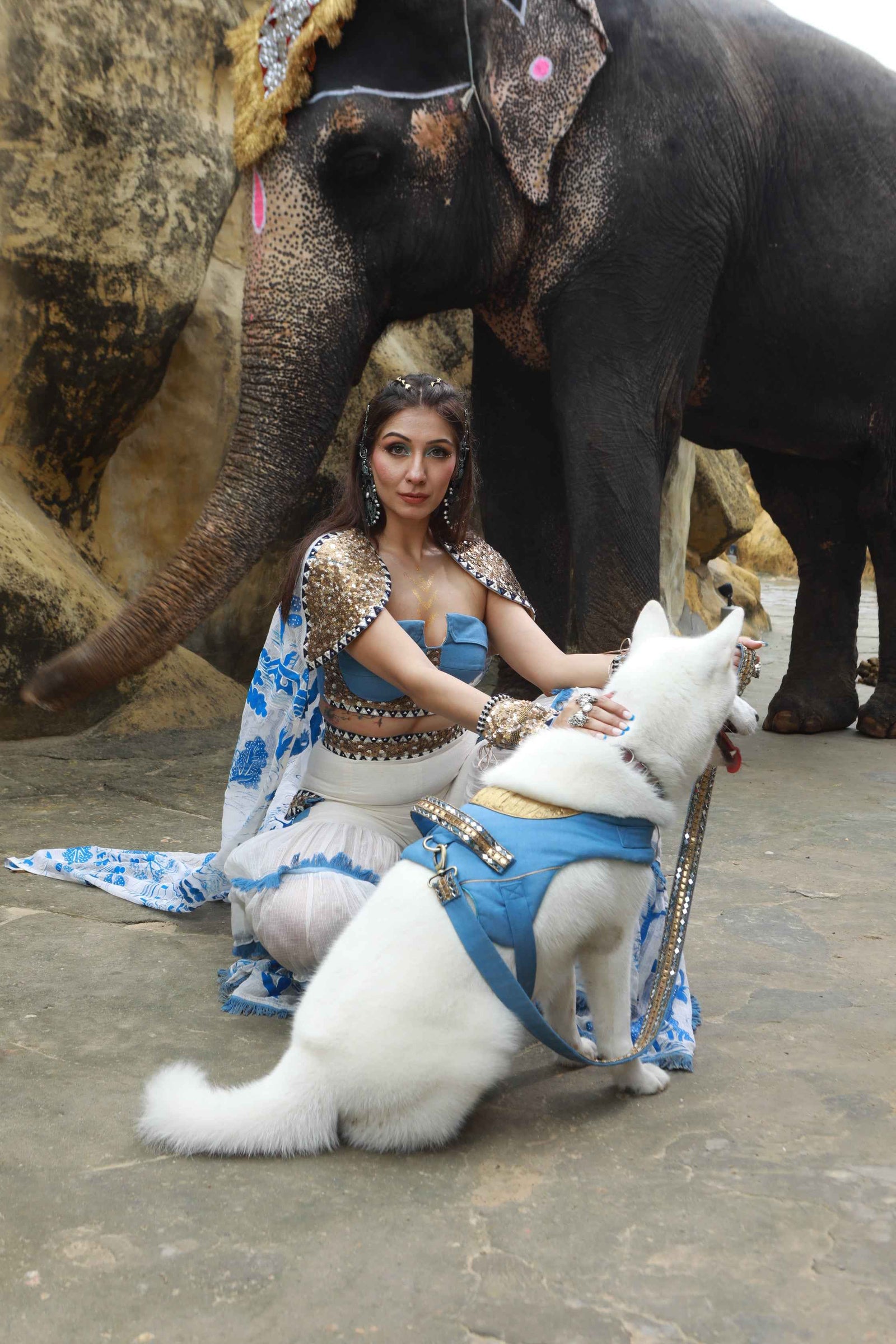 Vory Kota Doria Hand Painted Sharara With Denim Embellished Bustier With Ivory Hand Painted Embellished  Cape