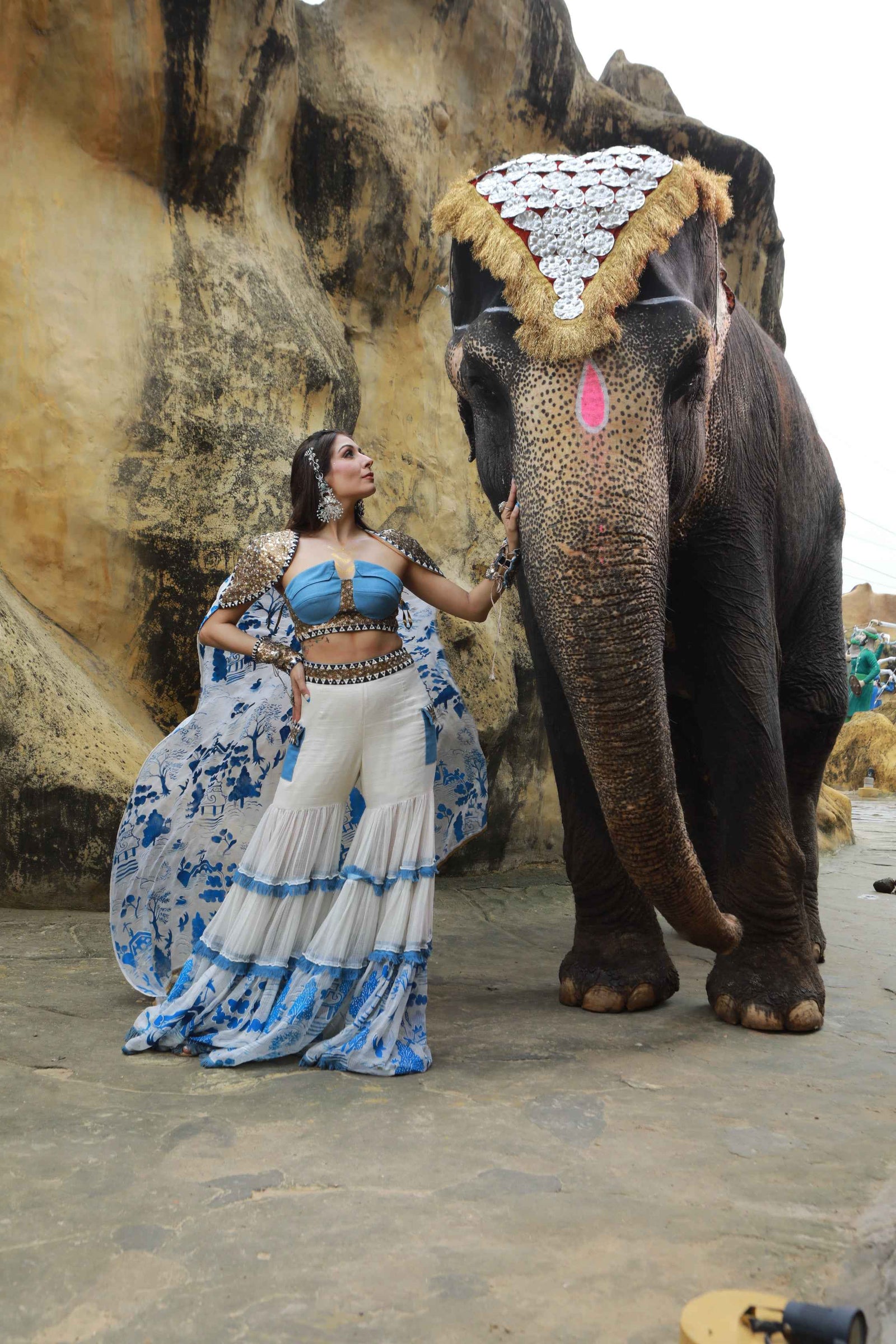 Vory Kota Doria Hand Painted Sharara With Denim Embellished Bustier With Ivory Hand Painted Embellished  Cape