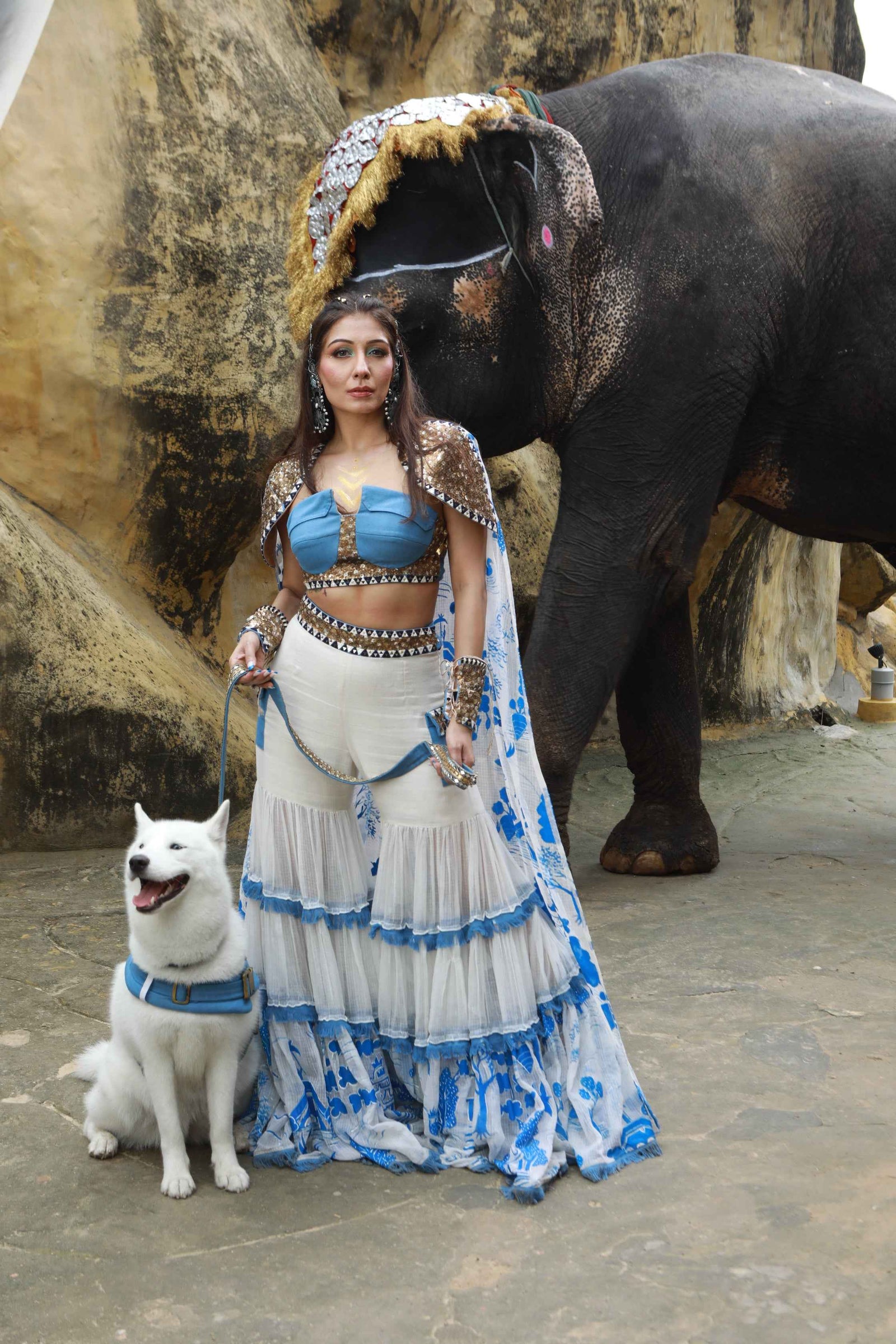 Vory Kota Doria Hand Painted Sharara With Denim Embellished Bustier With Ivory Hand Painted Embellished  Cape