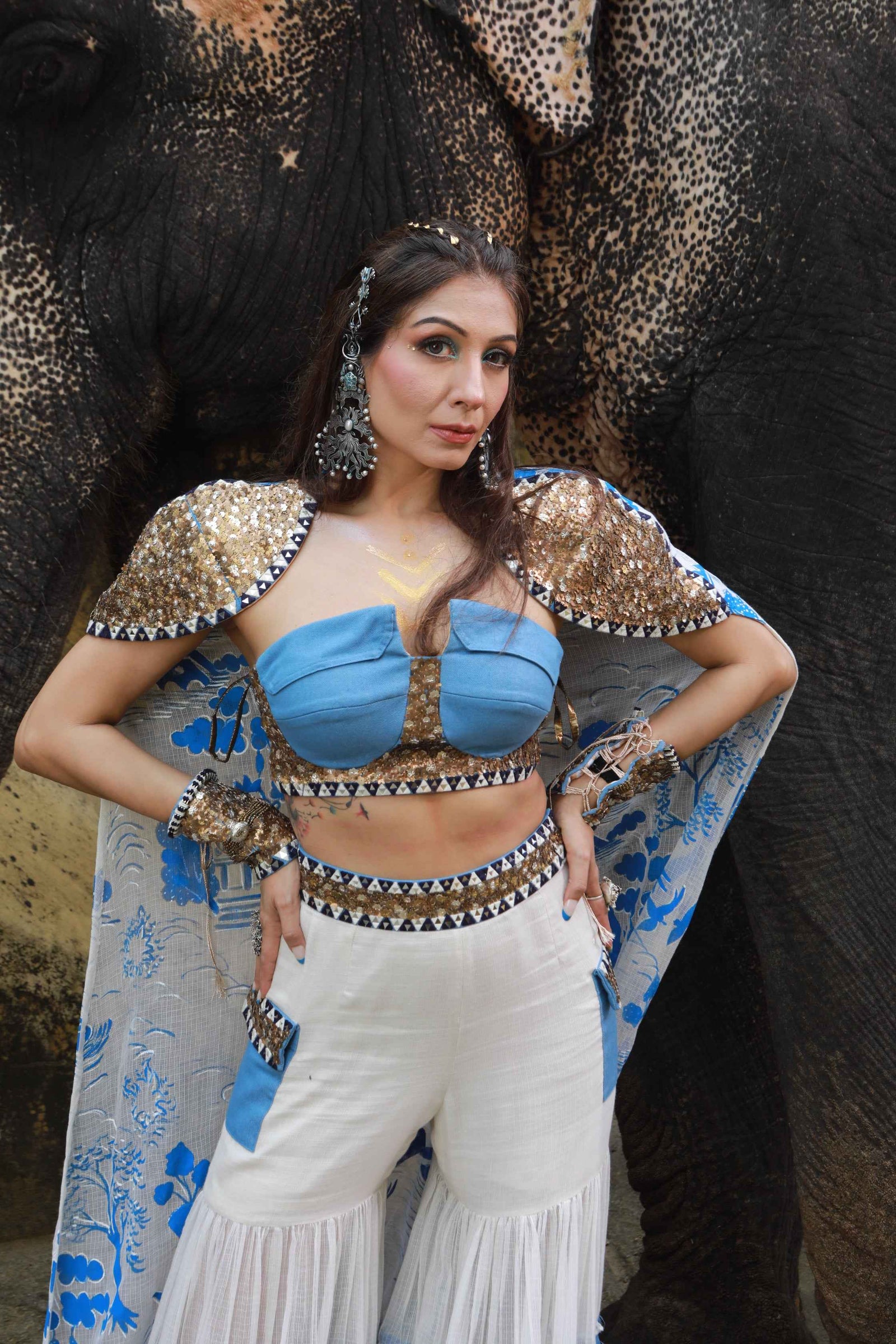 Vory Kota Doria Hand Painted Sharara With Denim Embellished Bustier With Ivory Hand Painted Embellished  Cape