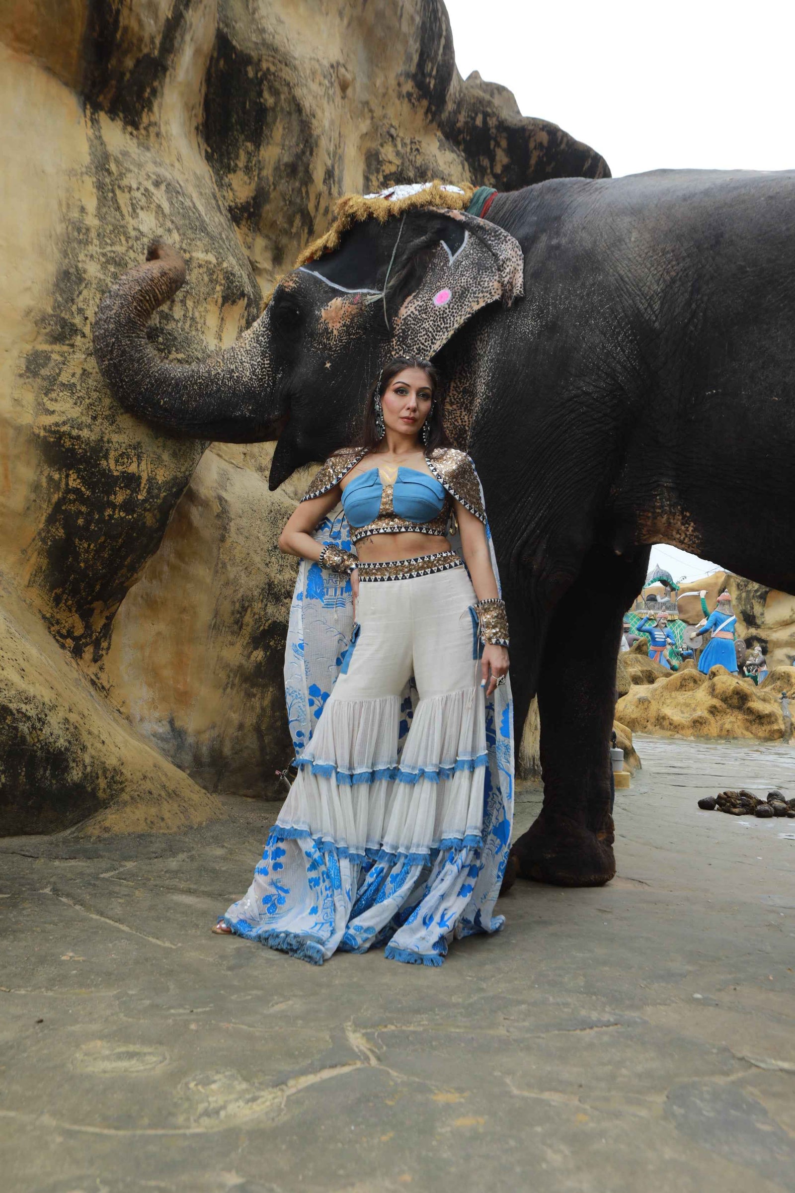 Vory Kota Doria Hand Painted Sharara With Denim Embellished Bustier With Ivory Hand Painted Embellished  Cape