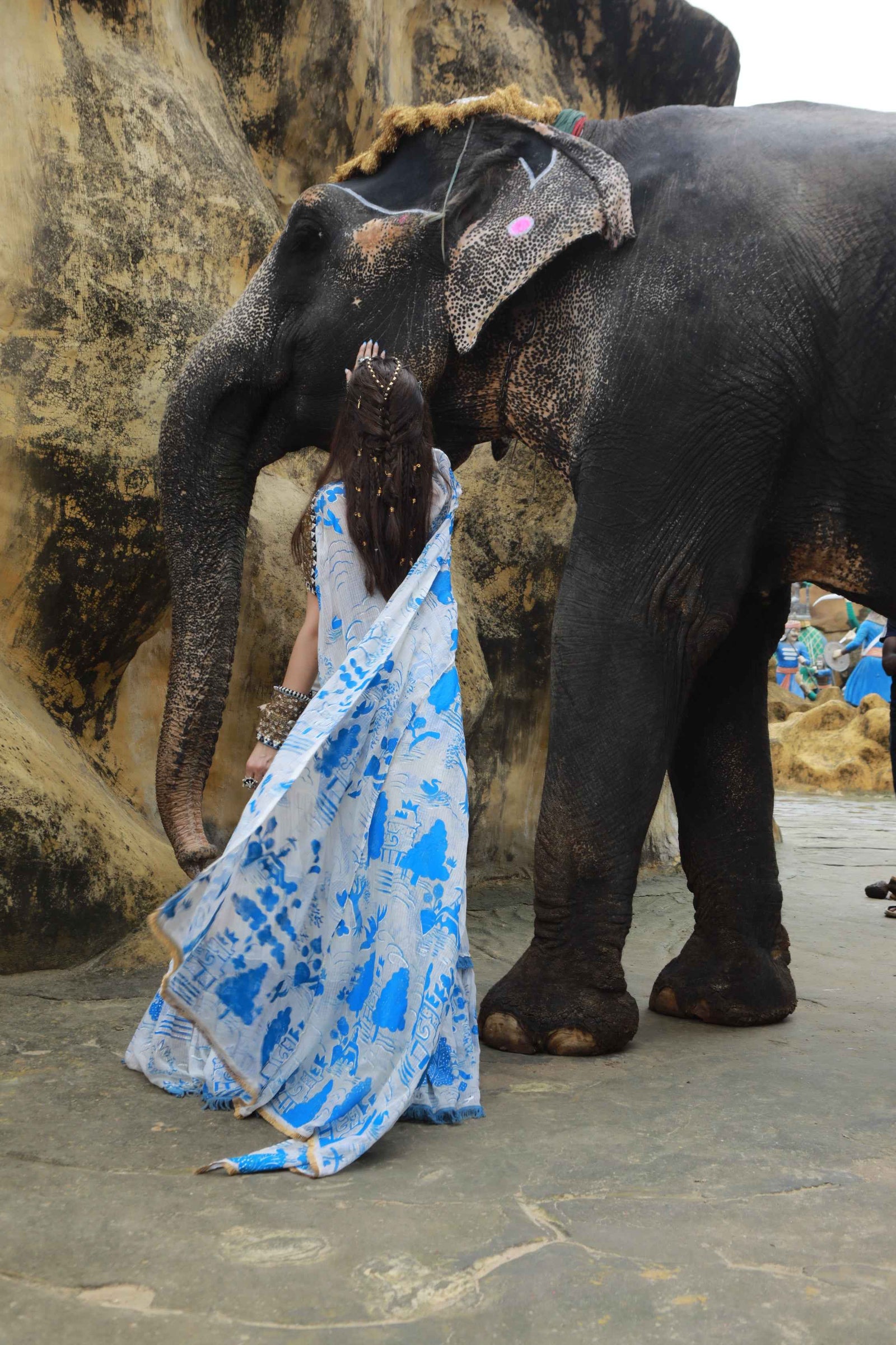 Vory Kota Doria Hand Painted Sharara With Denim Embellished Bustier With Ivory Hand Painted Embellished  Cape