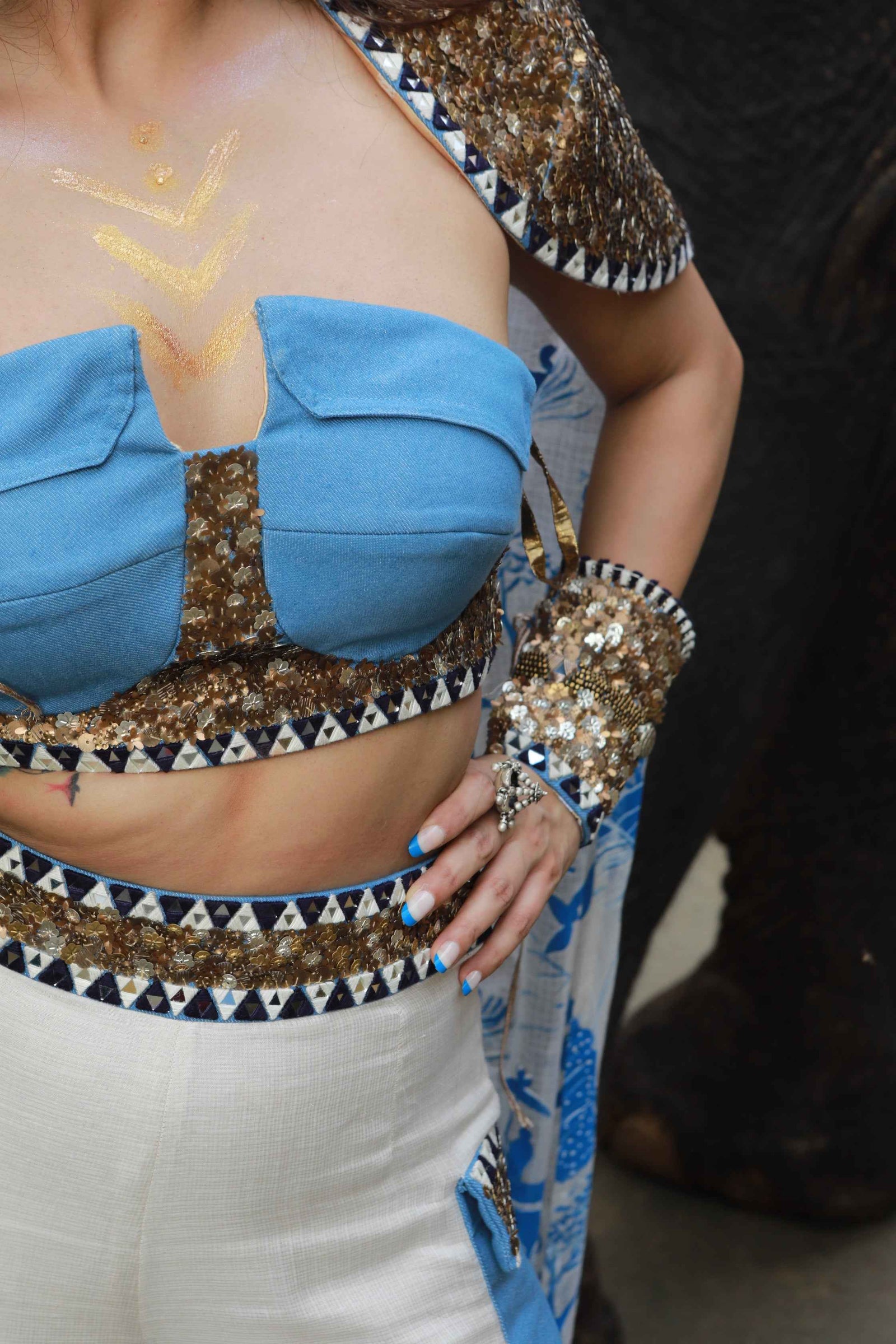 Vory Kota Doria Hand Painted Sharara With Denim Embellished Bustier With Ivory Hand Painted Embellished  Cape