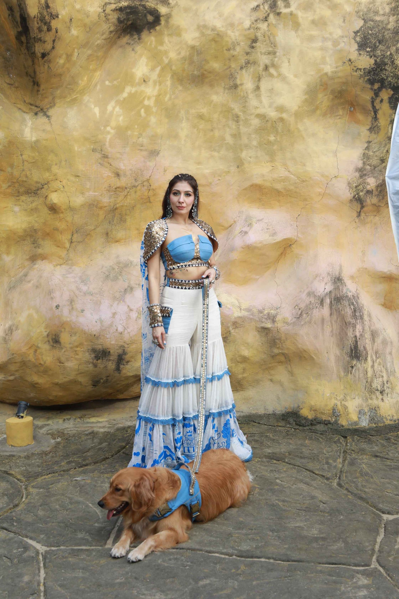 Vory Kota Doria Hand Painted Sharara With Denim Embellished Bustier With Ivory Hand Painted Embellished  Cape