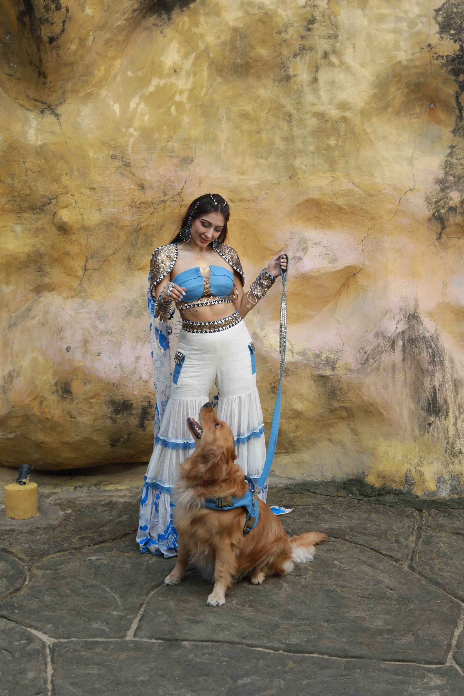 Vory Kota Doria Hand Painted Sharara With Denim Embellished Bustier With Ivory Hand Painted Embellished  Cape