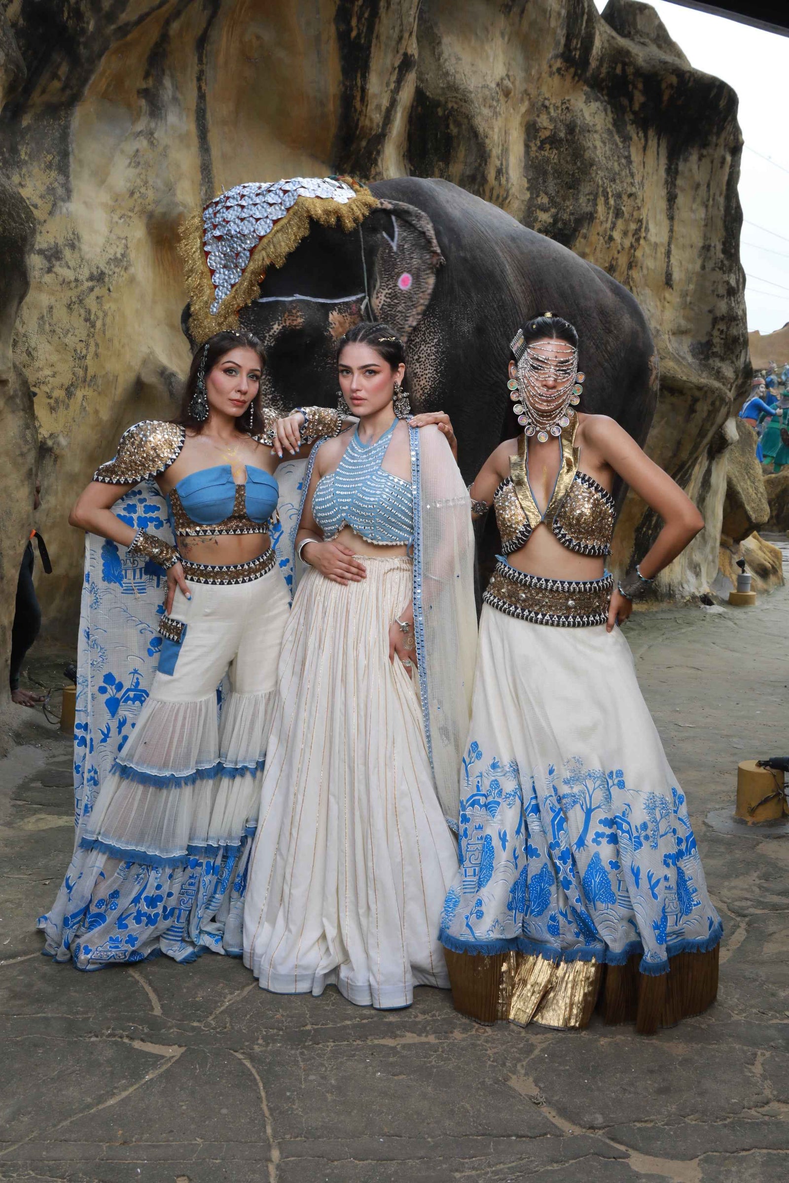 Vory Kota Doria Hand Painted Sharara With Denim Embellished Bustier With Ivory Hand Painted Embellished  Cape